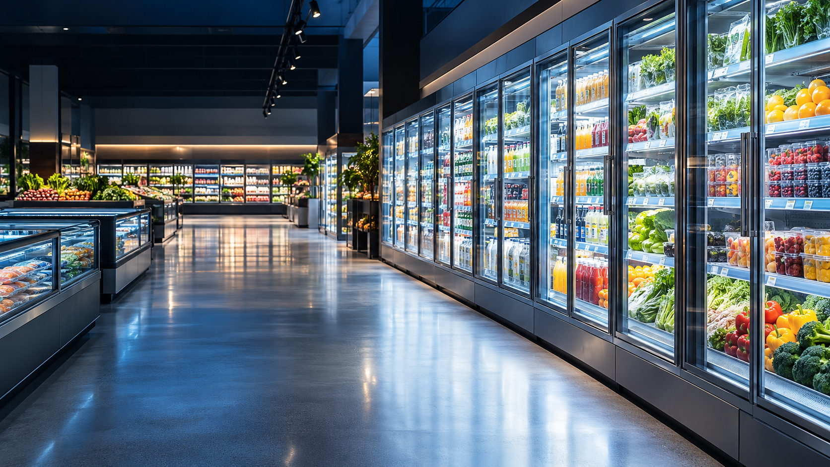 Modern supermarket aisle with glass-door refrigerated display cases